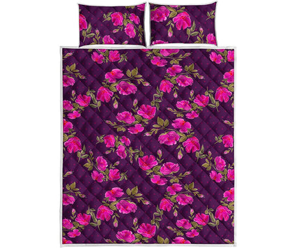 Purple Floral Flower Pattern Print Quilt Bed Set