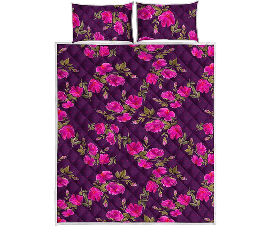 Purple Floral Flower Pattern Print Quilt Bed Set