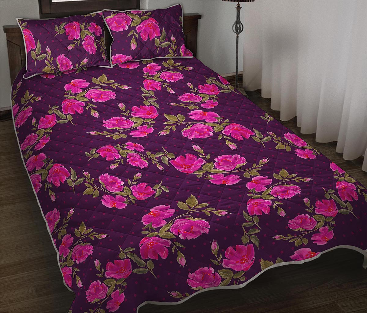 Purple Floral Flower Pattern Print Quilt Bed Set