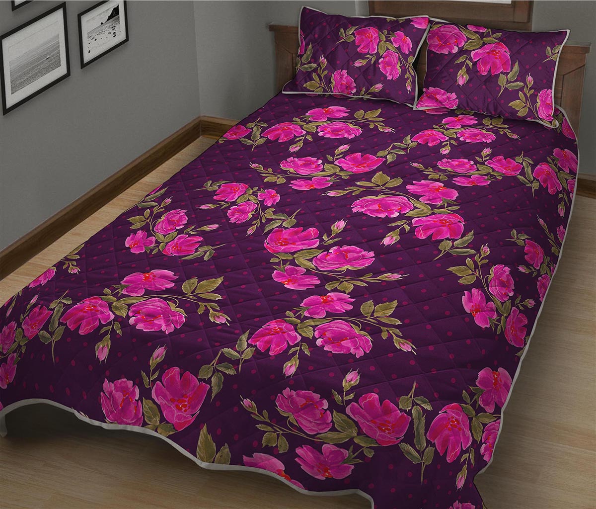 Purple Floral Flower Pattern Print Quilt Bed Set