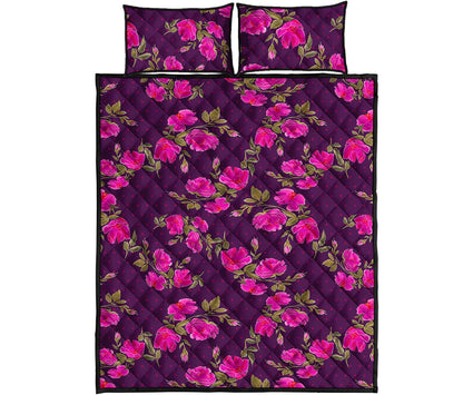Purple Floral Flower Pattern Print Quilt Bed Set