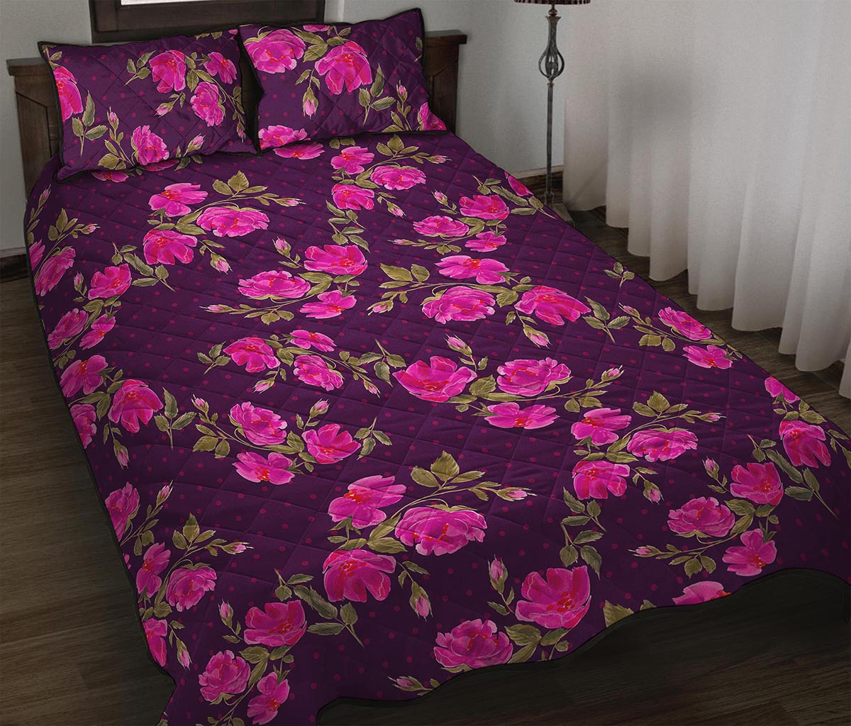 Purple Floral Flower Pattern Print Quilt Bed Set