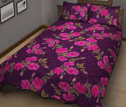 Purple Floral Flower Pattern Print Quilt Bed Set