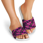 Purple Floral Flower Pattern Print White Slide Sandals