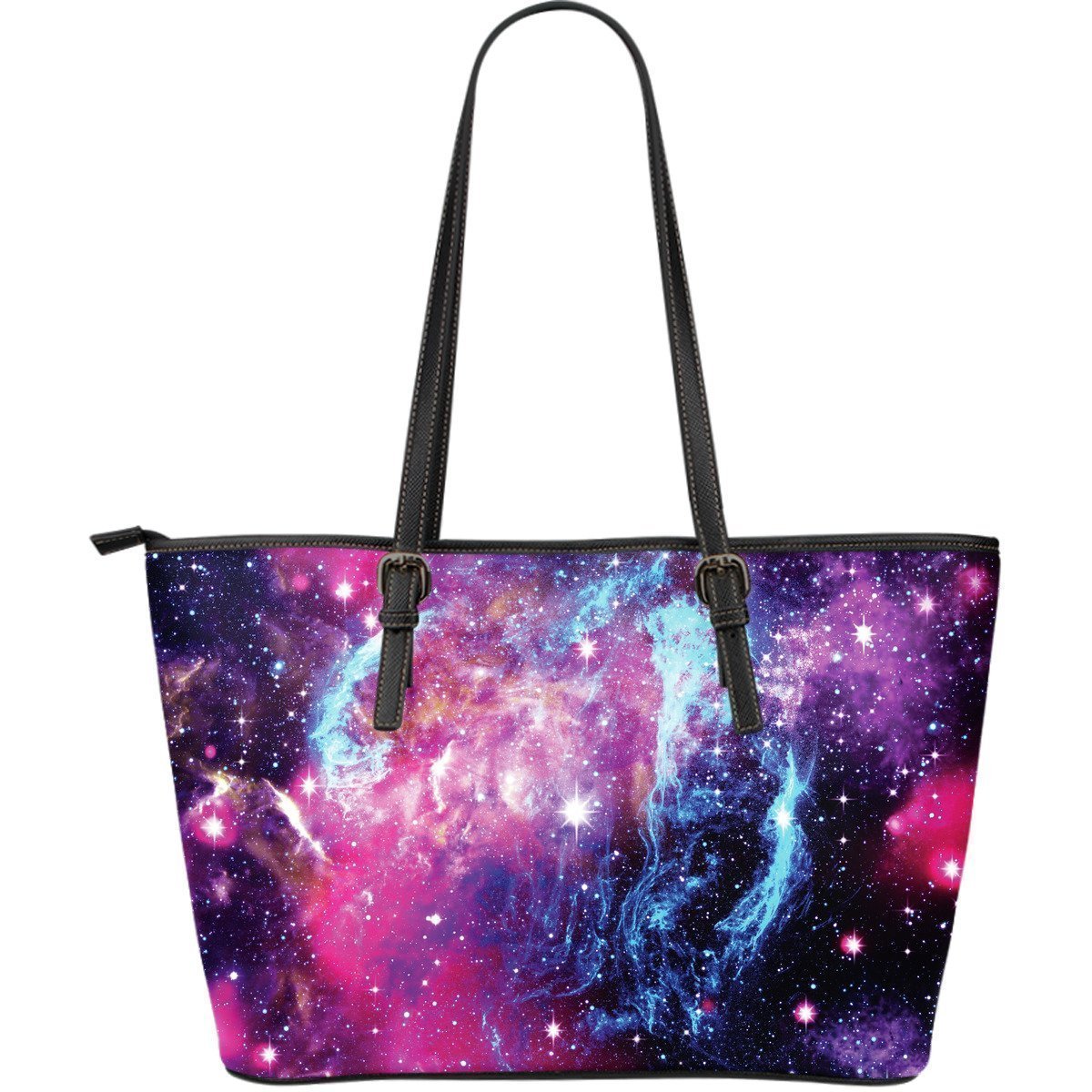Purple Galaxy Space Blue Stardust Print Leather Tote Bag GearFrost