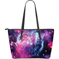 Purple Galaxy Space Blue Stardust Print Leather Tote Bag With Zipper