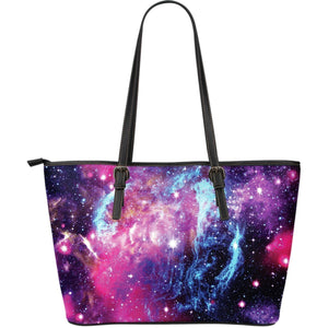 Purple Galaxy Space Blue Stardust Print Leather Tote Bag GearFrost