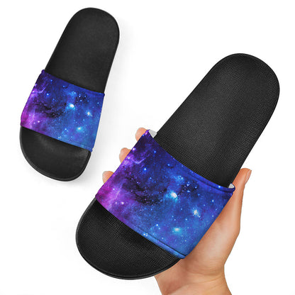 Purple Galaxy Space Blue Starfield Print Black Slide Sandals