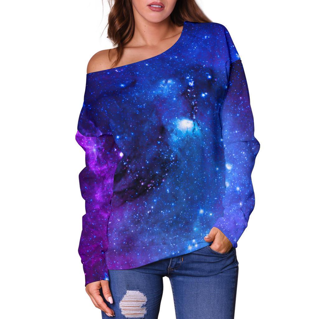 Purple Galaxy Space Blue Starfield Print Off Shoulder Sweatshirt GearFrost