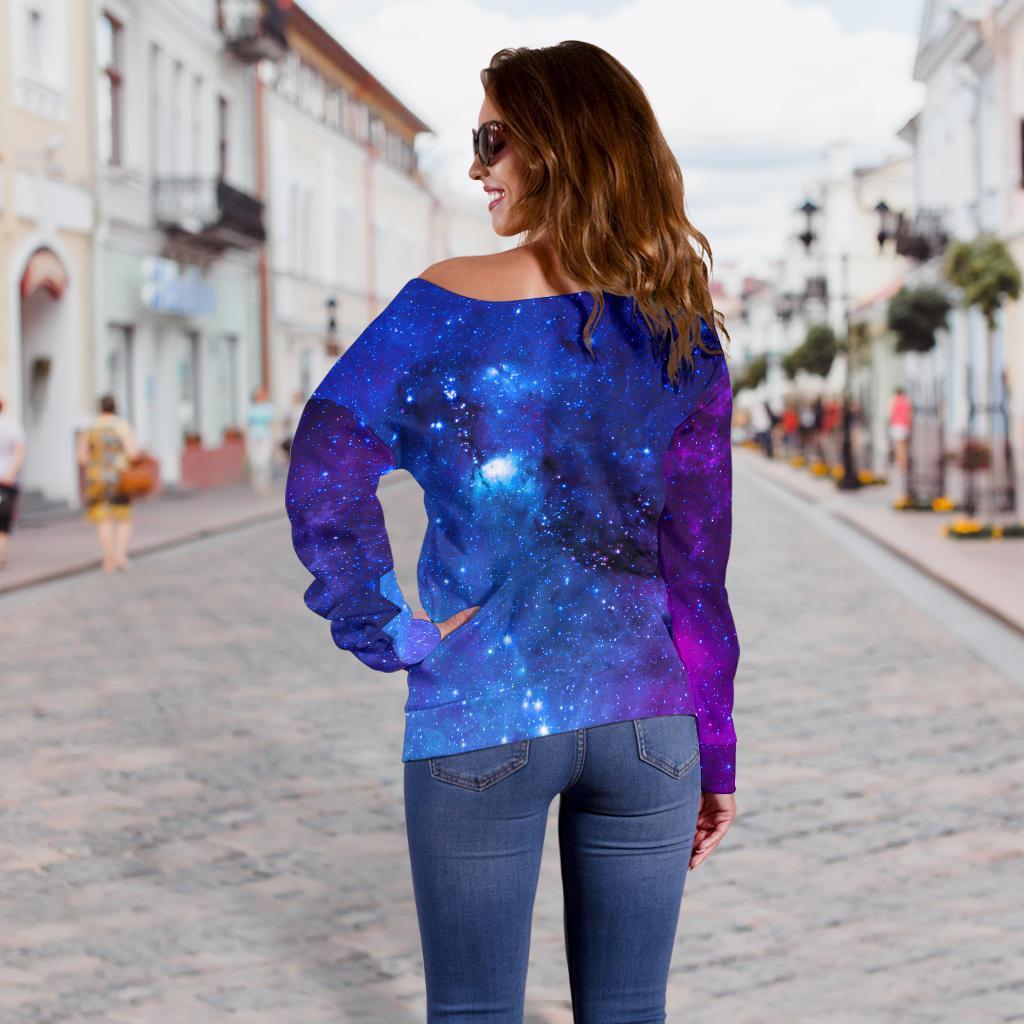 Purple Galaxy Space Blue Starfield Print Off Shoulder Sweatshirt GearFrost