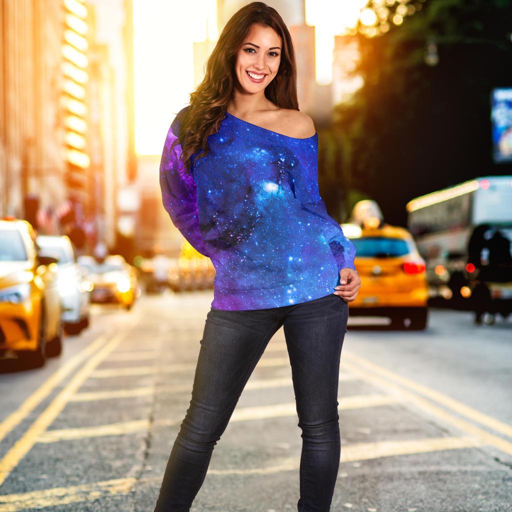 Purple Galaxy Space Blue Starfield Print Off Shoulder Sweatshirt GearFrost