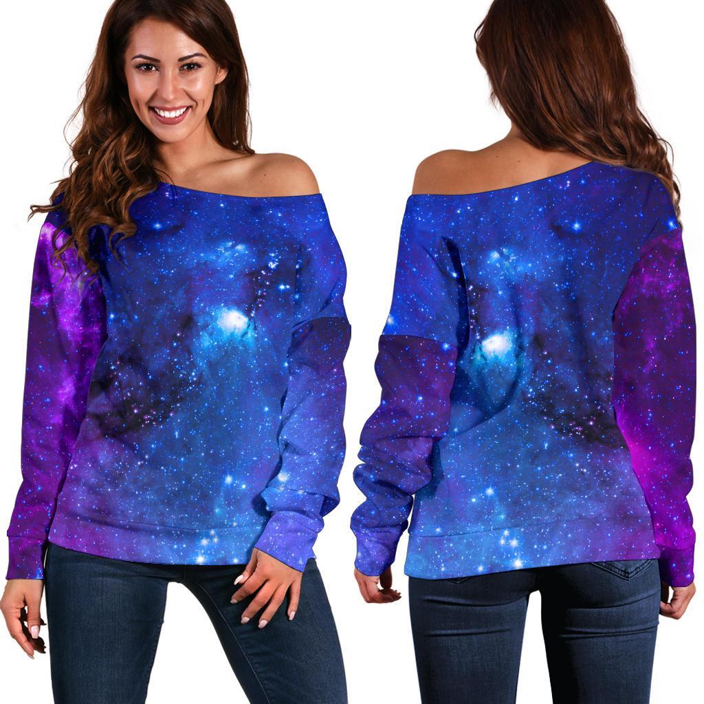 Purple Galaxy Space Blue Starfield Print Off Shoulder Sweatshirt GearFrost