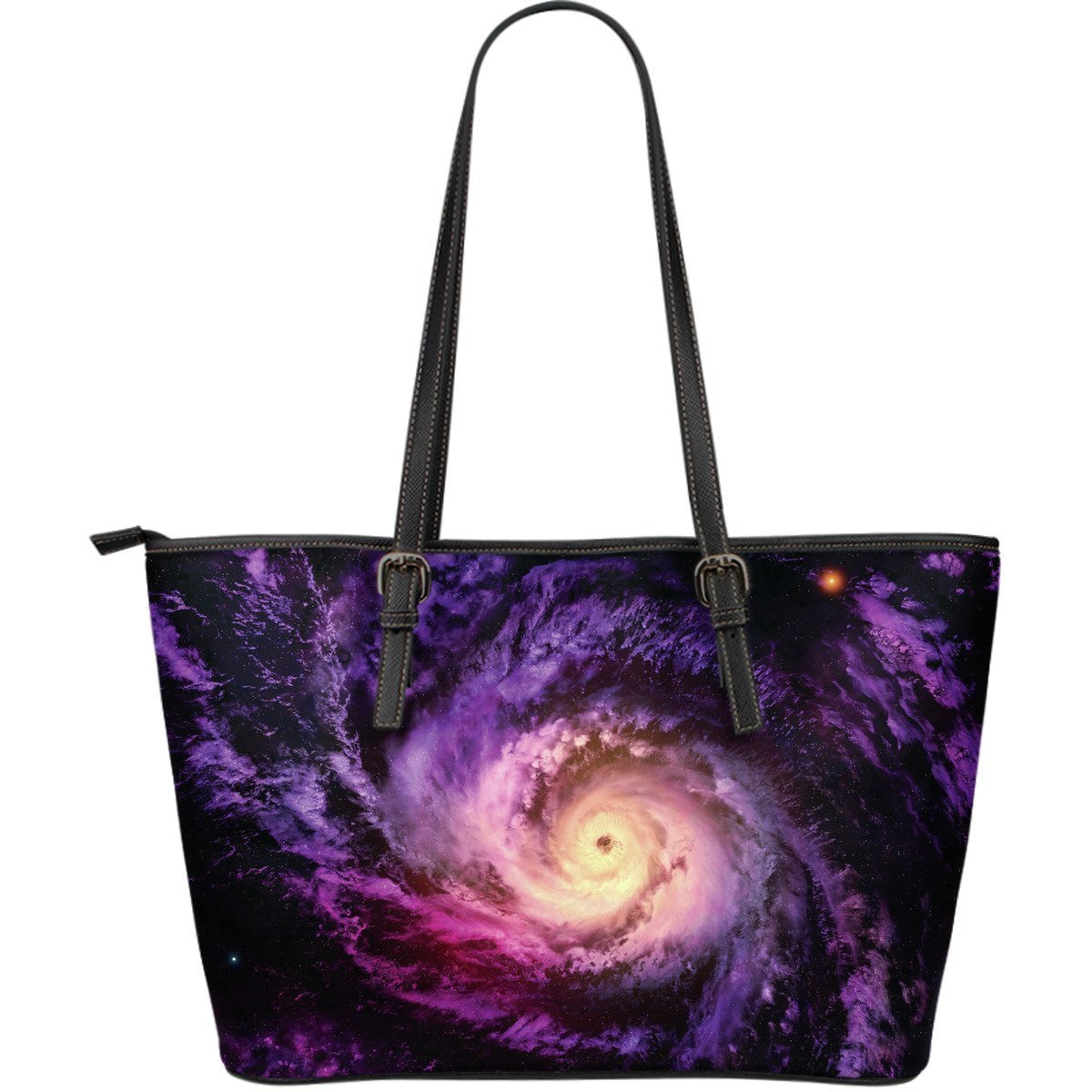 Purple Galaxy Space Spiral Cloud Print Leather Tote Bag GearFrost