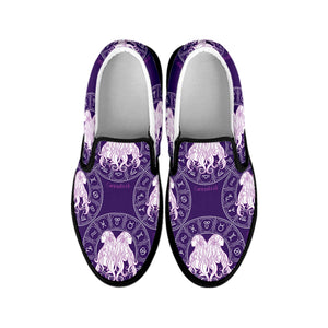 Purple Gemini Zodiac Pattern Print Black Slip On Shoes