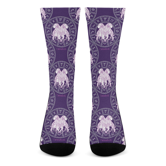 Purple Gemini Zodiac Pattern Print Crew Socks