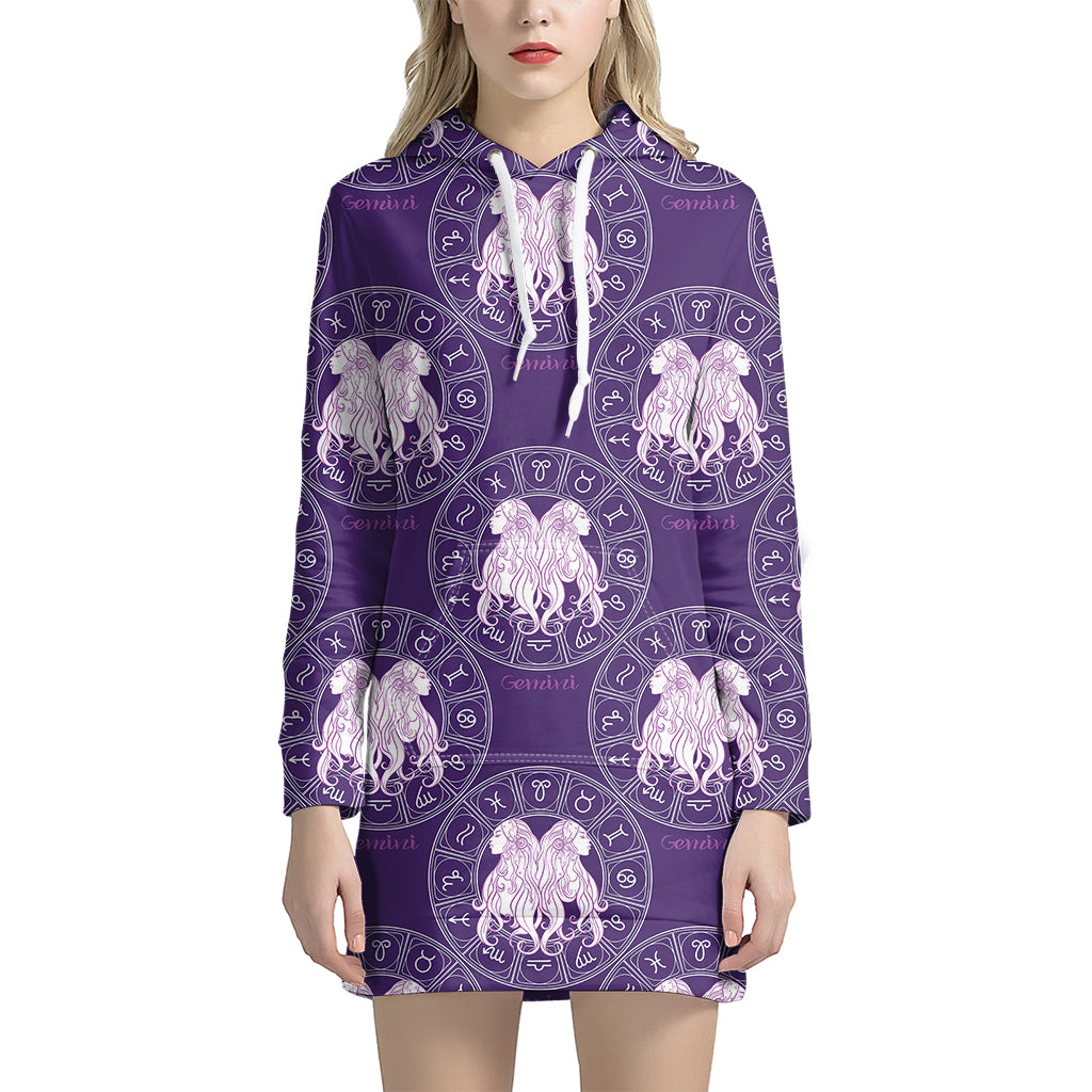 Purple Gemini Zodiac Pattern Print Hoodie Dress