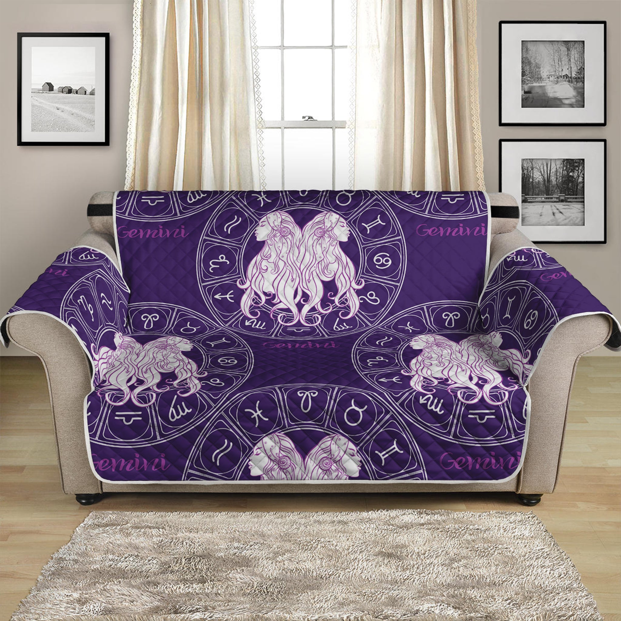 Purple Gemini Zodiac Pattern Print Loveseat Protector