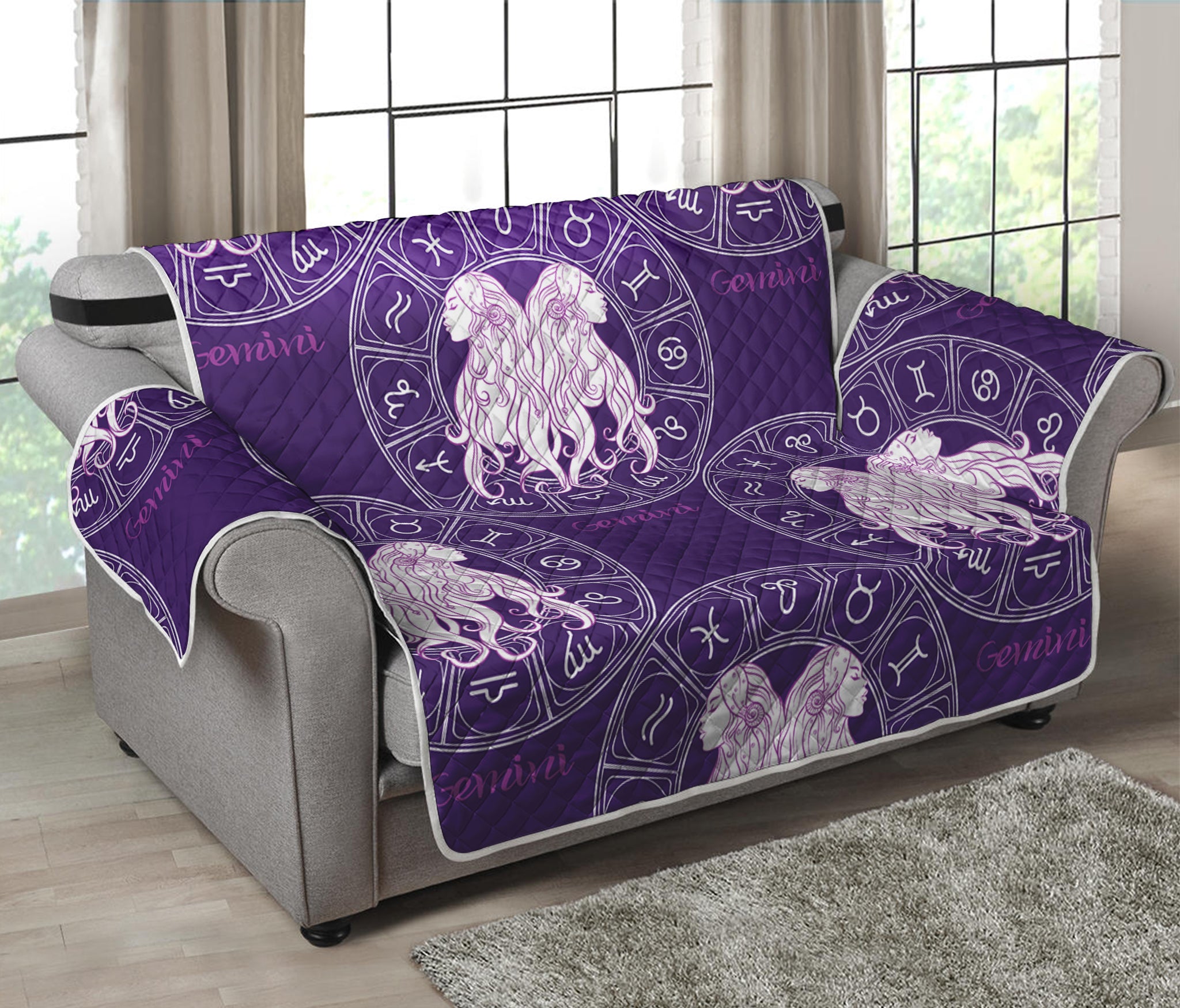 Purple Gemini Zodiac Pattern Print Loveseat Protector