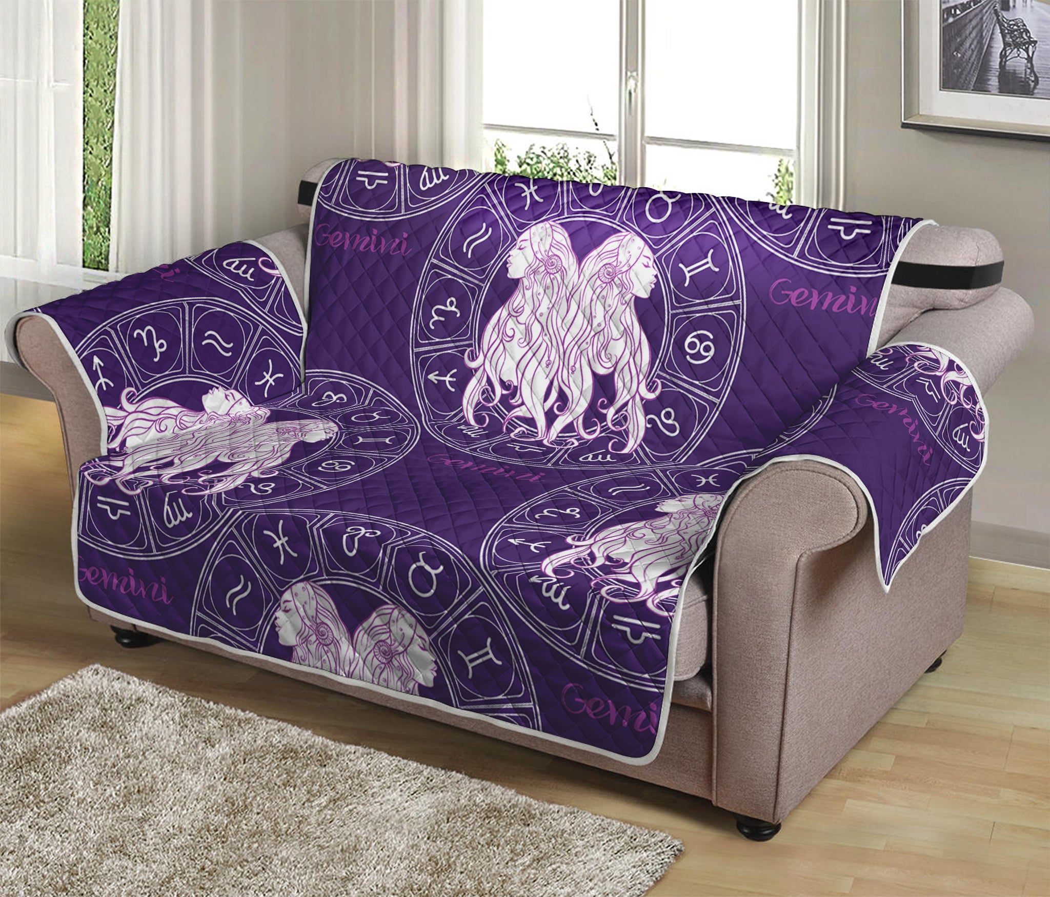 Purple Gemini Zodiac Pattern Print Loveseat Protector