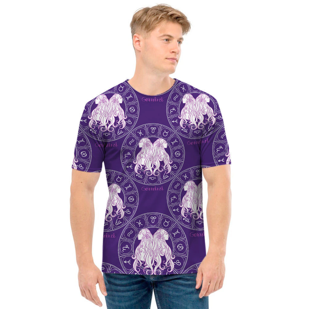 Purple Gemini Zodiac Pattern Print Men's T-Shirt