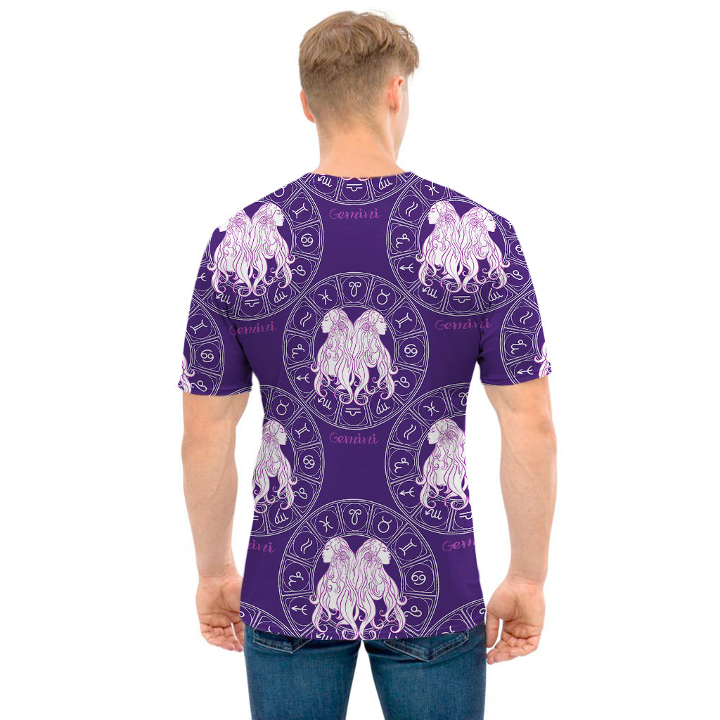 Purple Gemini Zodiac Pattern Print Men's T-Shirt