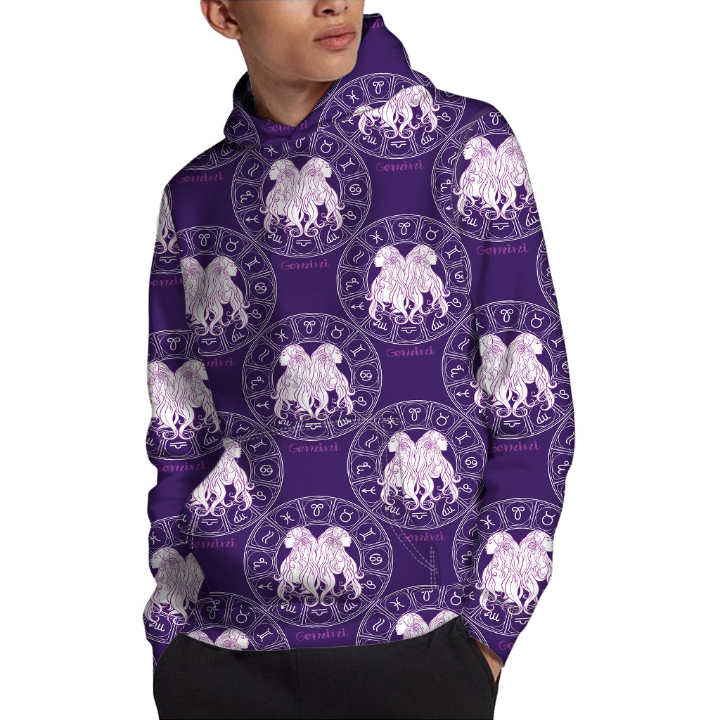 Purple Gemini Zodiac Pattern Print Pullover Hoodie