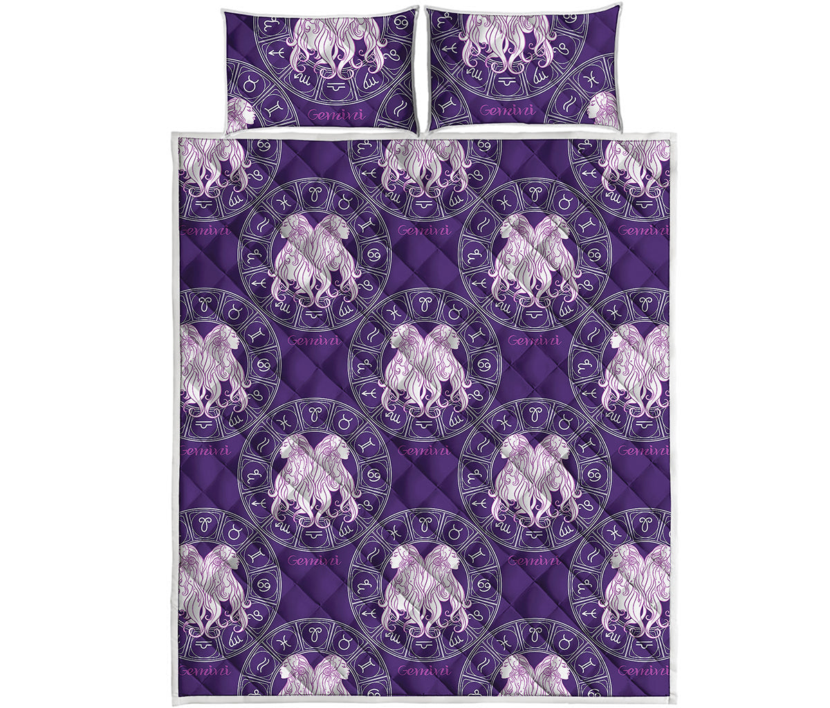 Purple Gemini Zodiac Pattern Print Quilt Bed Set