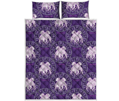 Purple Gemini Zodiac Pattern Print Quilt Bed Set
