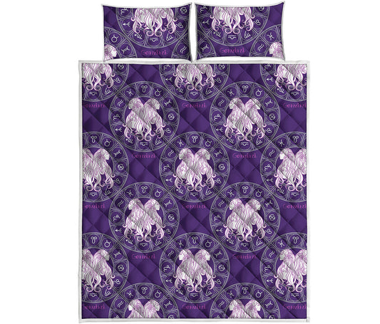 Purple Gemini Zodiac Pattern Print Quilt Bed Set