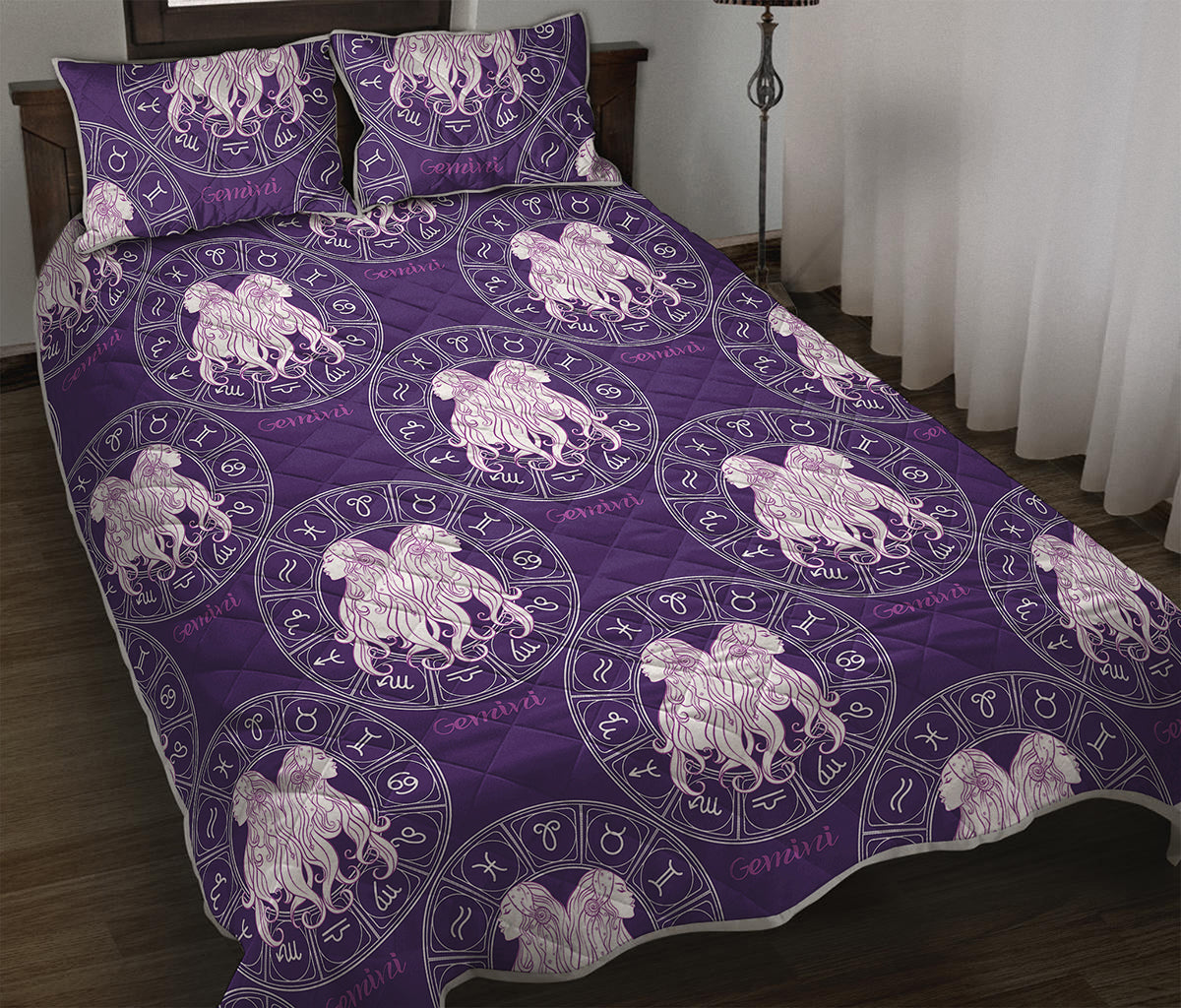 Purple Gemini Zodiac Pattern Print Quilt Bed Set