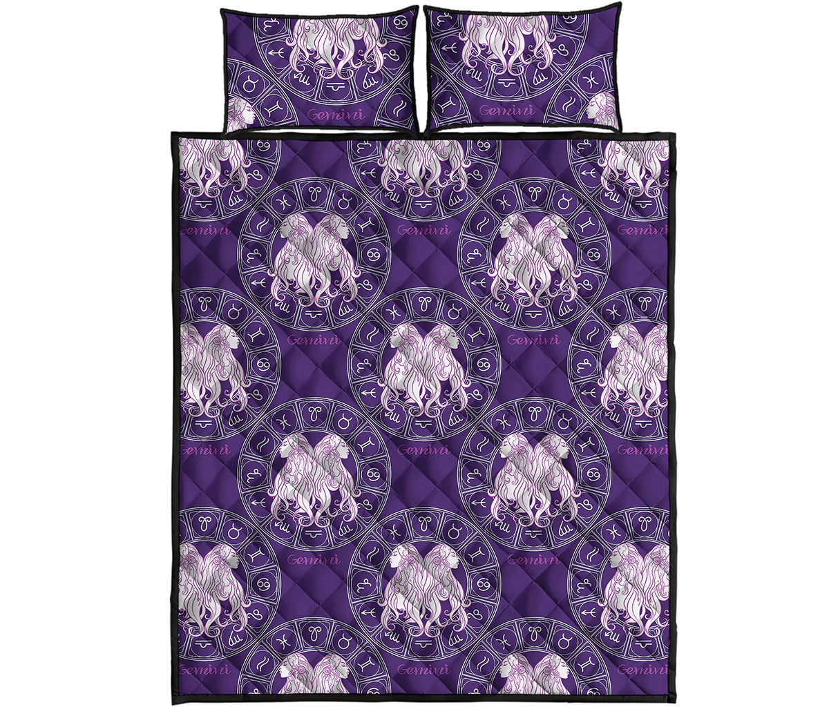 Purple Gemini Zodiac Pattern Print Quilt Bed Set