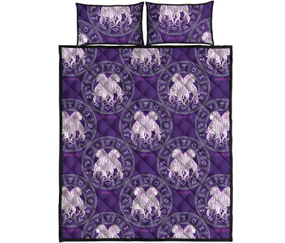 Purple Gemini Zodiac Pattern Print Quilt Bed Set