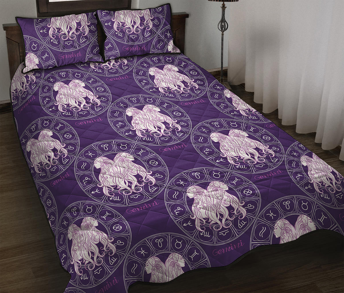 Purple Gemini Zodiac Pattern Print Quilt Bed Set