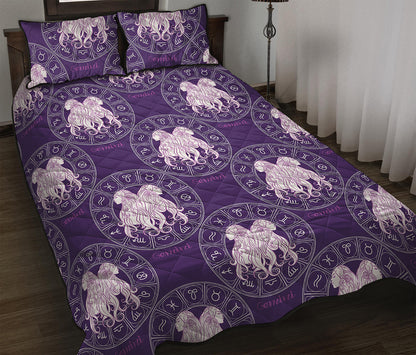 Purple Gemini Zodiac Pattern Print Quilt Bed Set