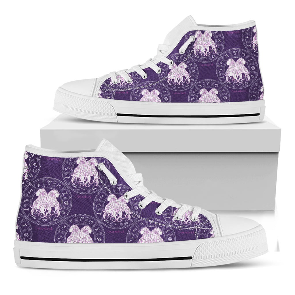 Purple Gemini Zodiac Pattern Print White High Top Shoes