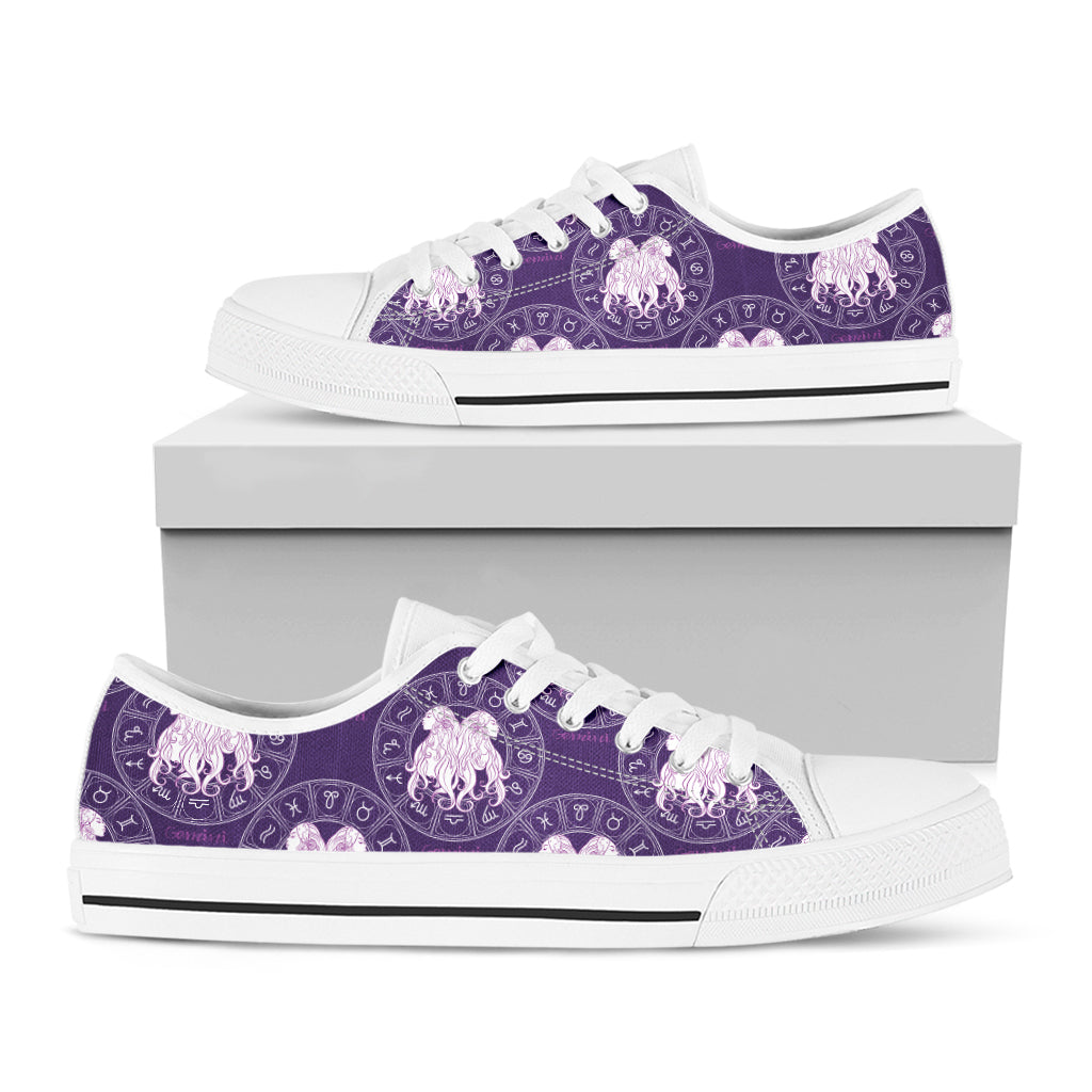 Purple Gemini Zodiac Pattern Print White Low Top Shoes