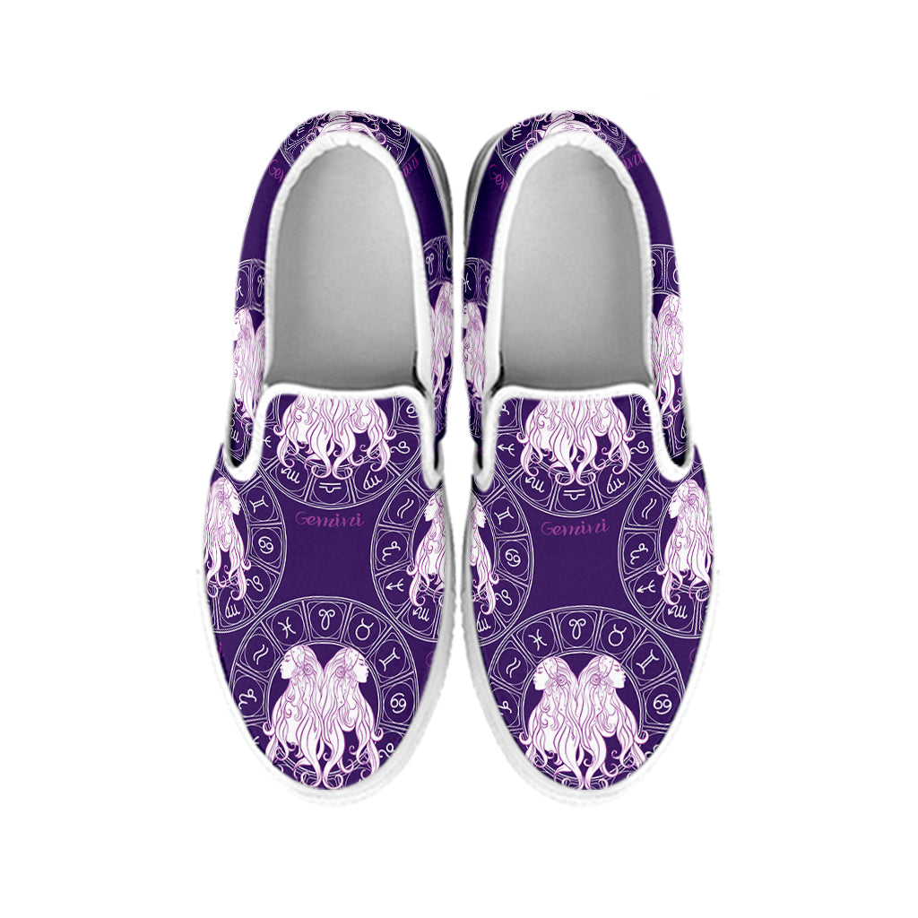 Purple Gemini Zodiac Pattern Print White Slip On Shoes