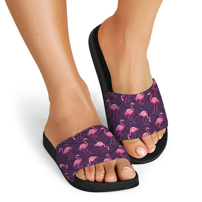 Purple Geometric Flamingo Pattern Print Black Slide Sandals