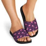 Purple Geometric Flamingo Pattern Print Black Slide Sandals