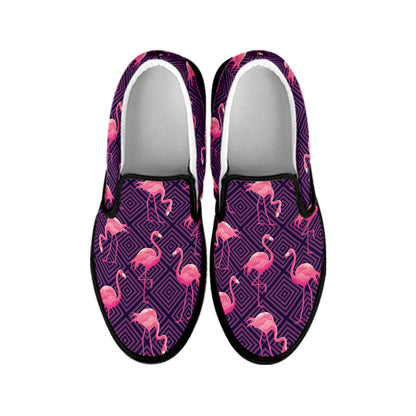 Purple Geometric Flamingo Pattern Print Black Slip On Shoes