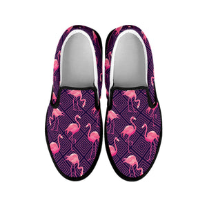 Purple Geometric Flamingo Pattern Print Black Slip On Shoes