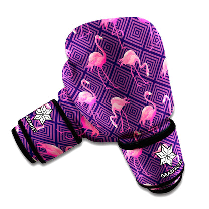 Purple Geometric Flamingo Pattern Print Boxing Gloves