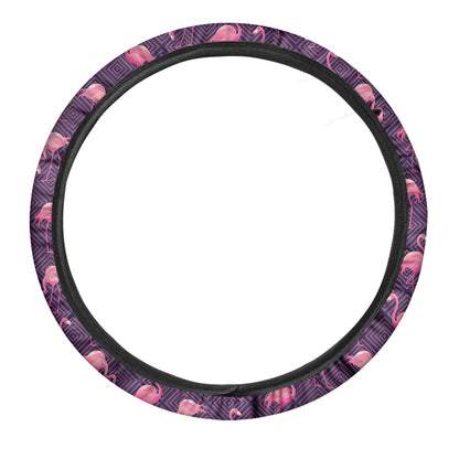 Purple Geometric Flamingo Pattern Print Car Steering Wheel Cover