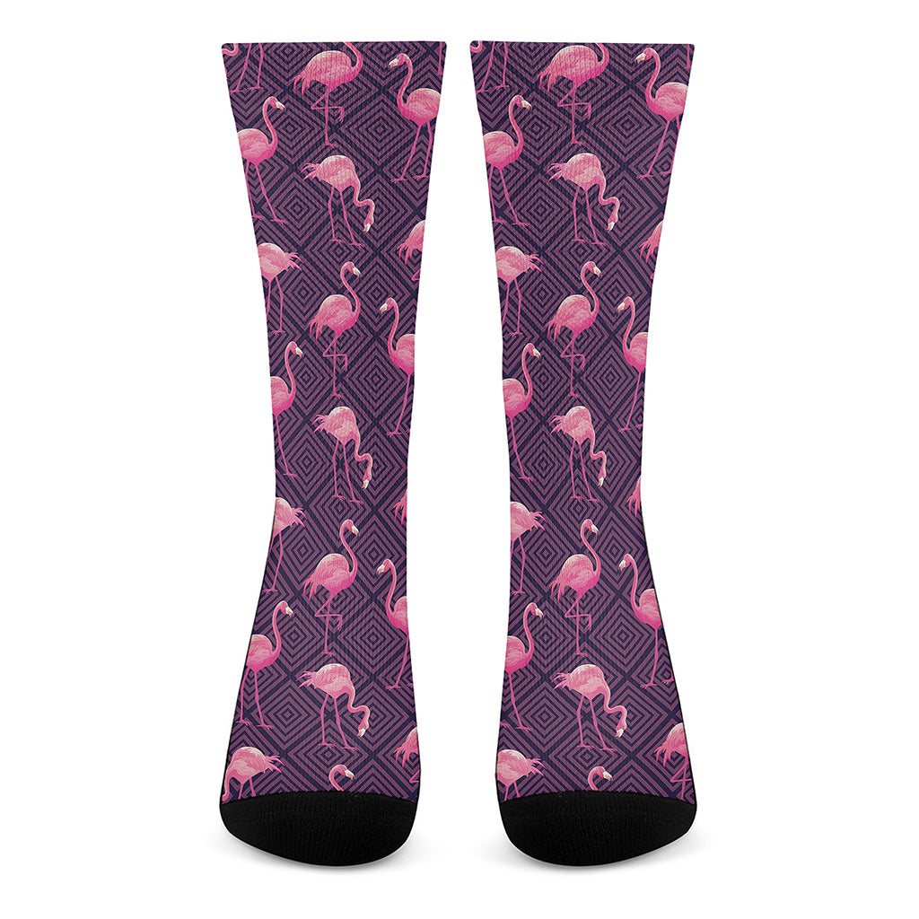 Purple Geometric Flamingo Pattern Print Crew Socks