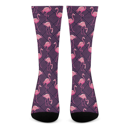 Purple Geometric Flamingo Pattern Print Crew Socks