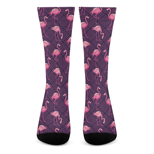 Purple Geometric Flamingo Pattern Print Crew Socks