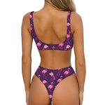 Purple Geometric Flamingo Pattern Print Front Bow Tie Bikini