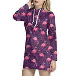 Purple Geometric Flamingo Pattern Print Hoodie Dress