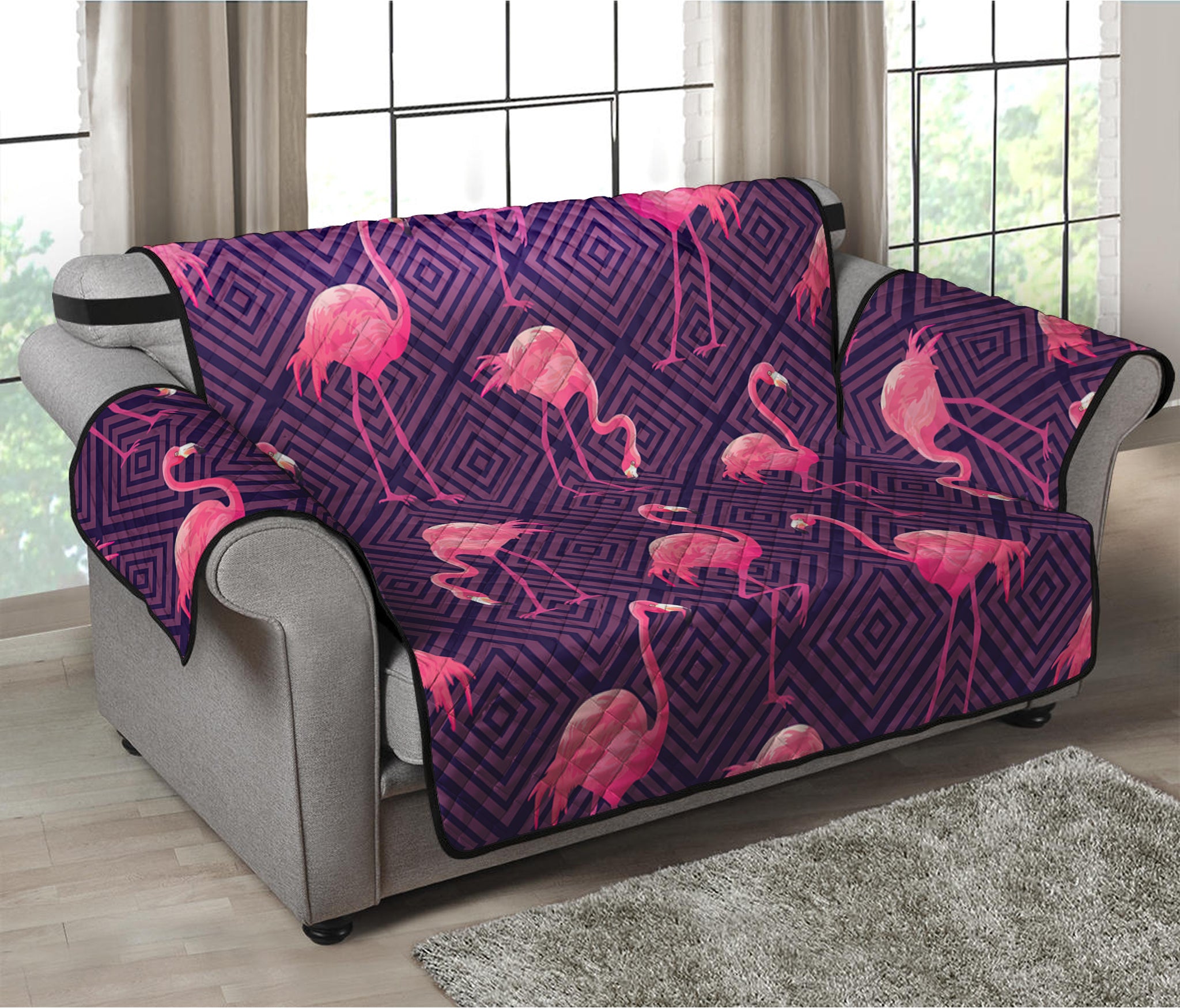 Purple Geometric Flamingo Pattern Print Loveseat Protector