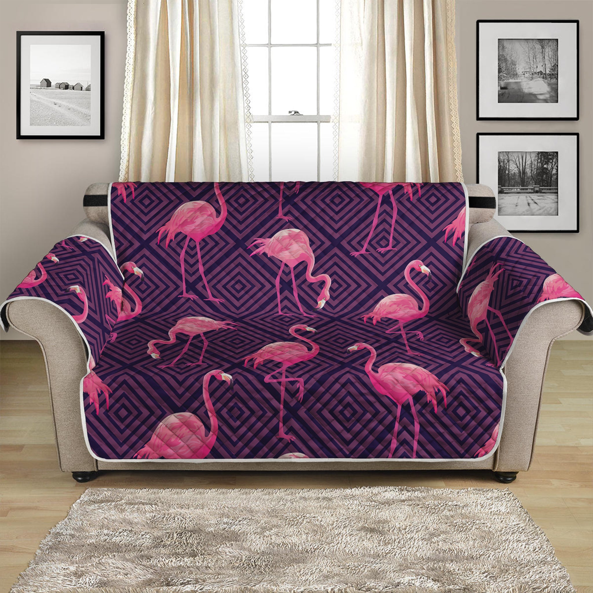 Purple Geometric Flamingo Pattern Print Loveseat Protector